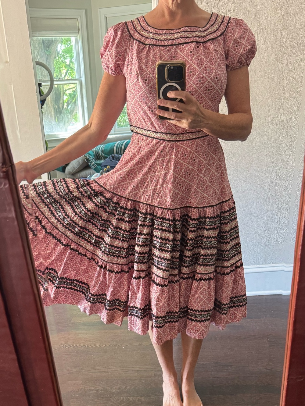 Vintage handmade cotton full skirt Dress with silver metallic threading
